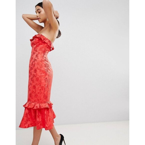 C/MEO Collective Strapless Ruffle Midi Dress Red Sheath Women’s Size Medium - Picture 1 of 13